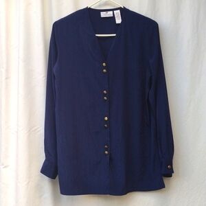 80s Worthington Essentials Navy Polyester Button-up Tunic M